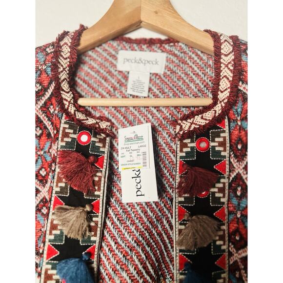 NEW Peck & Peck Wool Blend Tapestry Sweater Cardigan Sz L Tassel Hook Close Boho - Picture 10 of 14